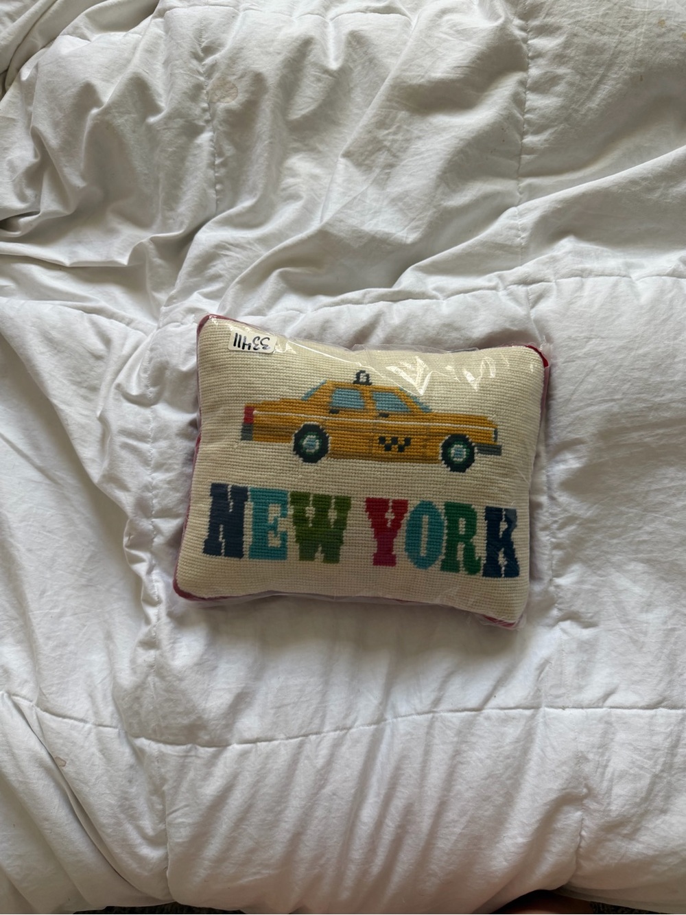 Jonathan Adler Yellow Taxi New York Needlepoint Pillow with Multicolor Lettering